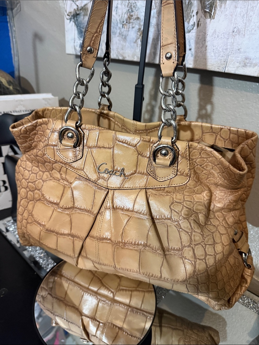 Coach Tan Croc-Embossed Shoulder Bag with Chain-Strap Detail